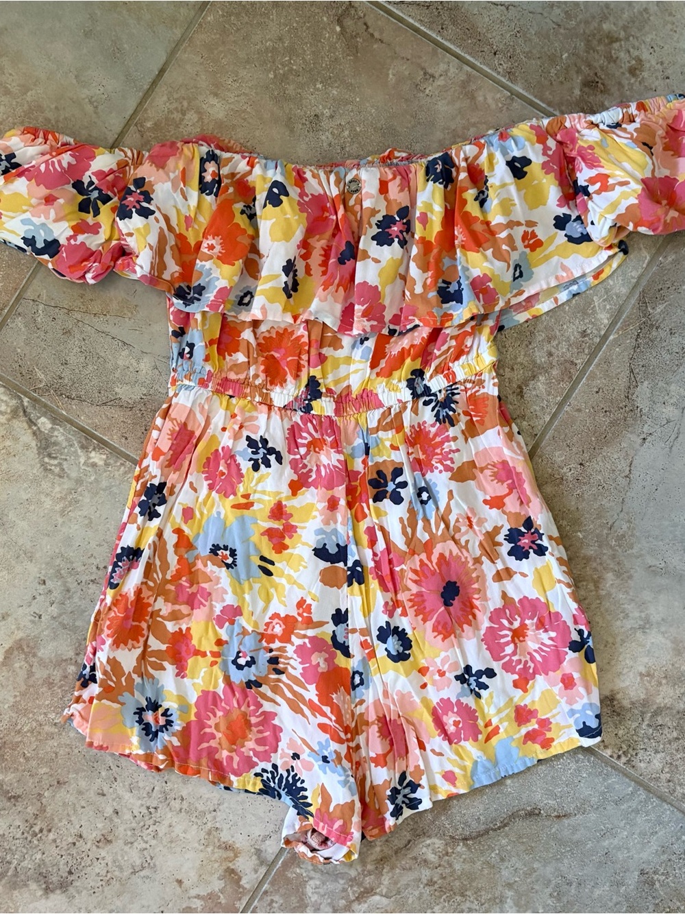 Roxy Another Day Printed Romper Off Shoulder Floral Medium Boho Pink Tropical - Picture 9 of 9